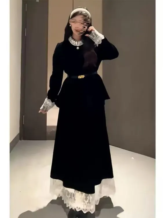 微胖千金风拼接蕾丝气质丝绒宫廷风上衣半裙假两件连衣裙送腰带