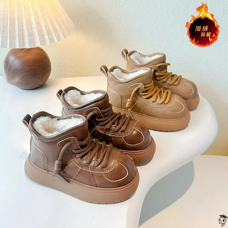 儿童加绒皮面亲子雪地靴冬季新款男女童保暖加厚大棉防水棉靴339