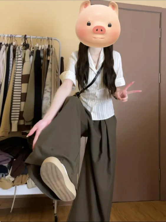 纯欲风套装女2025夏季新款韩系洋气绑带收腰条纹衬衫阔腿裤两件套