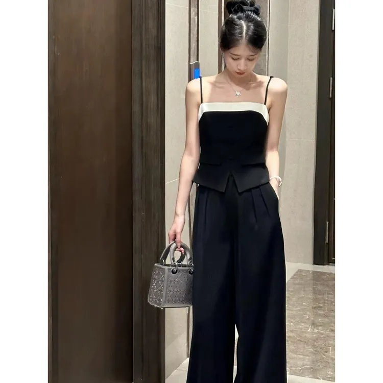 法式甜辣黑色吊带背心+黑色阔腿裤女2025年夏季新款韩版时尚套装
