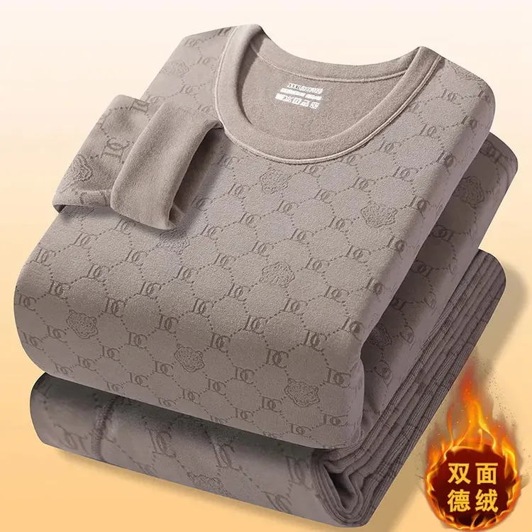 双面德绒男士保暖内衣套装秋冬季圆领提花磨毛弹力秋衣秋裤打底衫