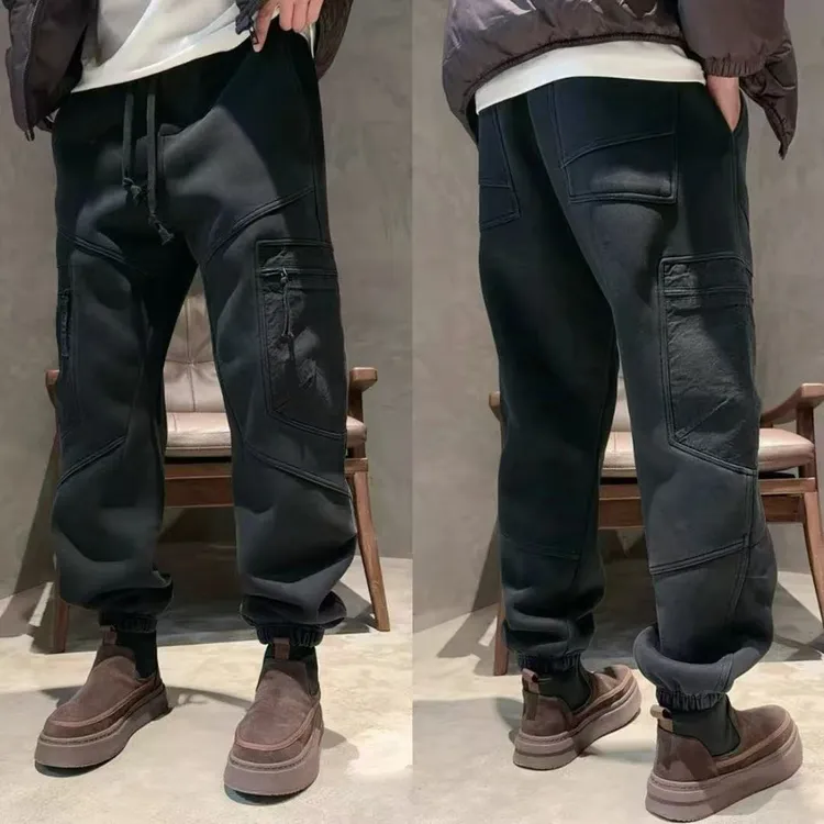 秋冬男士新款高品质水洗加厚运动束脚裤潮流时尚大口袋针织休闲裤