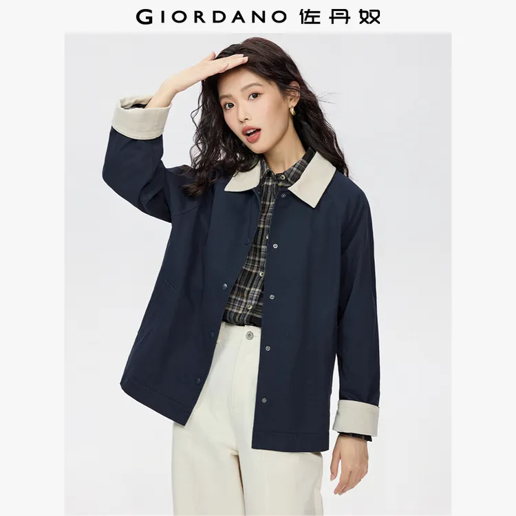 佐丹奴流光风纯棉磨毛拼接翻领秋新款外套女05375686