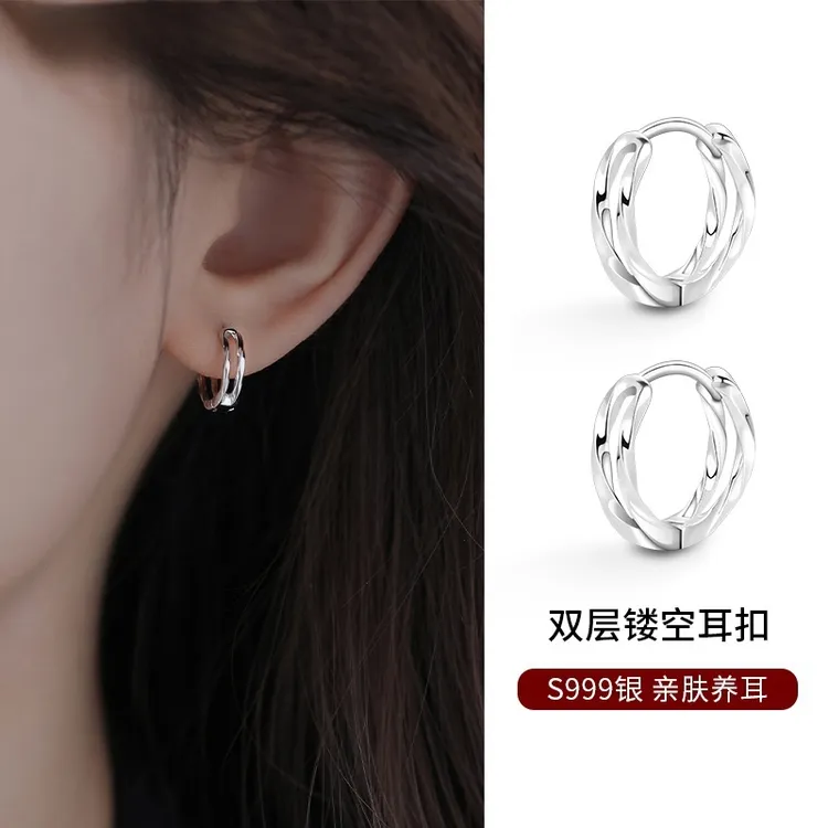 足银耳饰 999足银双层素圈耳扣女小众设计耳环2025款个性简约饰品