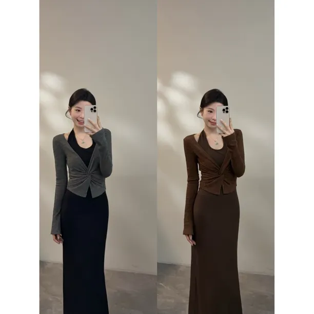 【颂宋】早秋新款扭结设计上衣款挂脖高腰连衣裙撞色拼接长裙DT1585