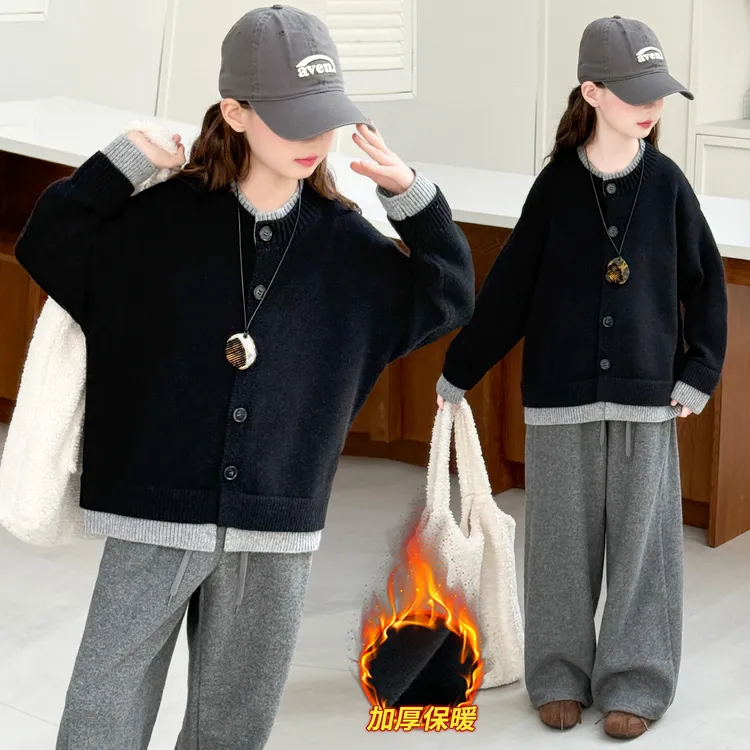 女童秋冬款毛衣2025新款6-12岁中大童洋气时髦假两件加厚针织开衫