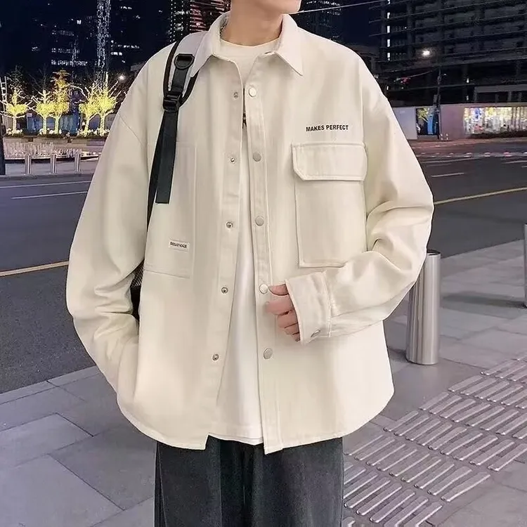 工装长袖衬衫男春秋季新款潮牌港风宽松开衫外套青少年休闲夹克男