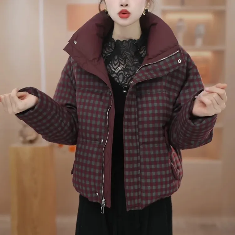 2025年冬季新款气质时尚百搭保暖加厚短款格子羽绒服洋气M-3XL