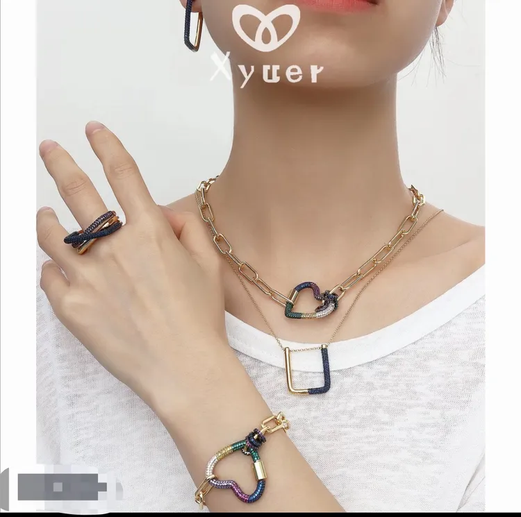 铜合金合成锆石锆石项链 Xyuer彩虹爱心型甜蜜环环相扣首饰五件套
