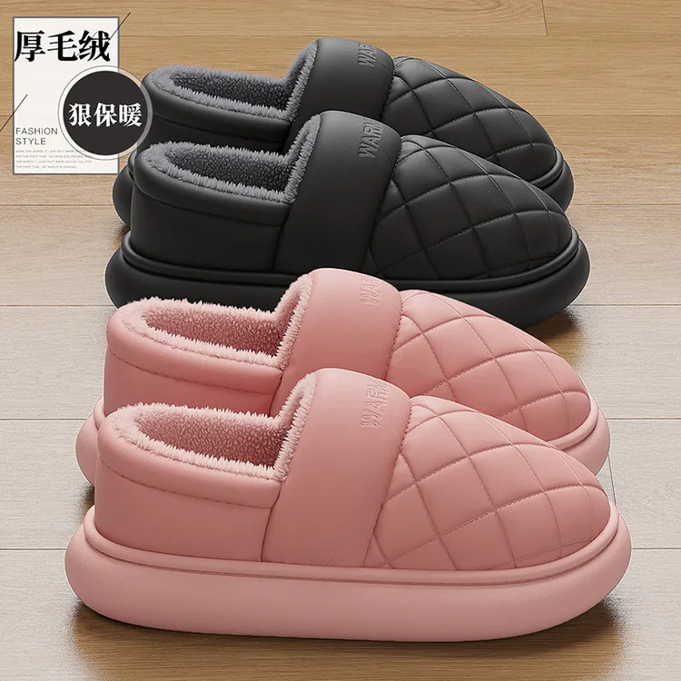 防水棉拖鞋女款冬季2025新款室内家居厚底防滑包跟皮面棉鞋男外穿