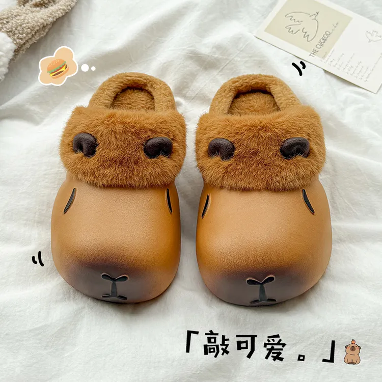 卡皮巴拉防水防滑棉拖鞋女款2025秋冬季爆款新款毛毛绒保暖棉拖