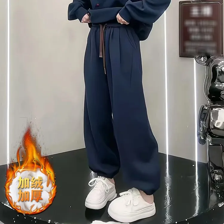 大码胖mm加绒加厚小个子显高卫裤女秋冬新款高腰抽绳束脚裤休闲裤