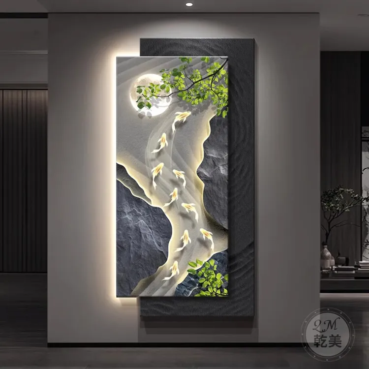 轻奢九鱼图玄关装饰画高级感客厅入户正对门砂岩壁画走廊尽头挂画