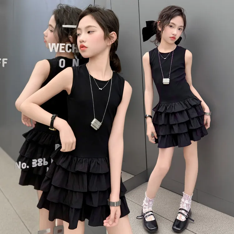 女童夏季连衣裙时尚无袖短裙子韩版蛋糕裙吊带洋气黑色凉快中大童