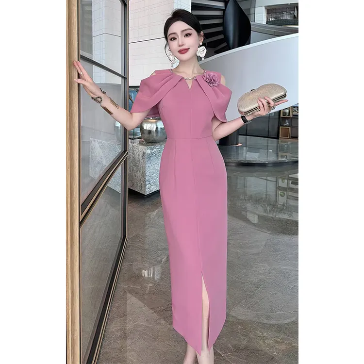 2025春夏高定女装优雅钻链斗篷时尚露肩修身轻礼服连衣裙聚会裙子