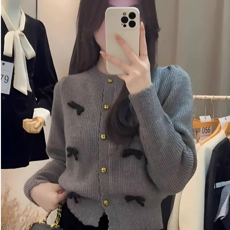 优品小香风气质显瘦蝴蝶结毛衣开衫女冬季新款温柔风甜美百搭短款
