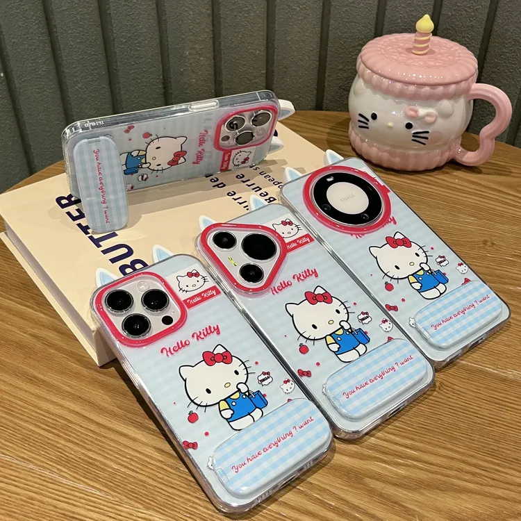 雅天立格纹凯蒂猫耳朵适用iPhone13苹果16手机壳华为vivoppo小米