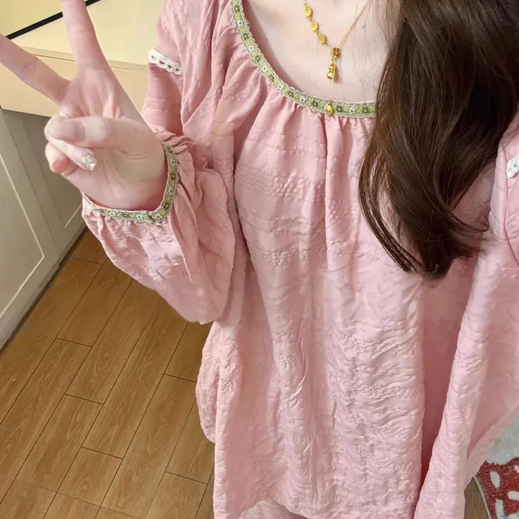 睡衣女春秋季新款国风提花桃之夭夭云朵棉粉色少女甜美家居服套装