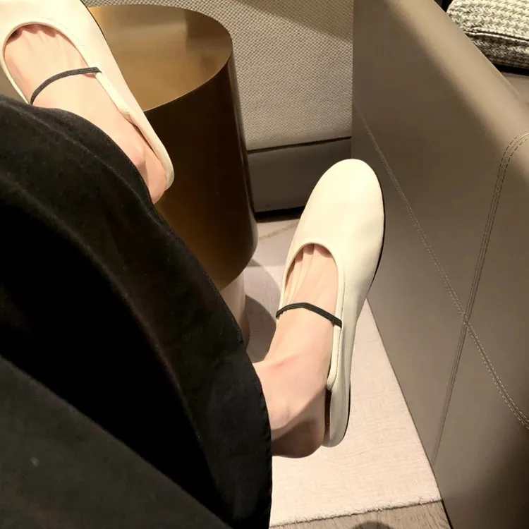 真皮夏季软底女浅口踩跟平底一字带玛丽珍单鞋风芭蕾风奶奶鞋