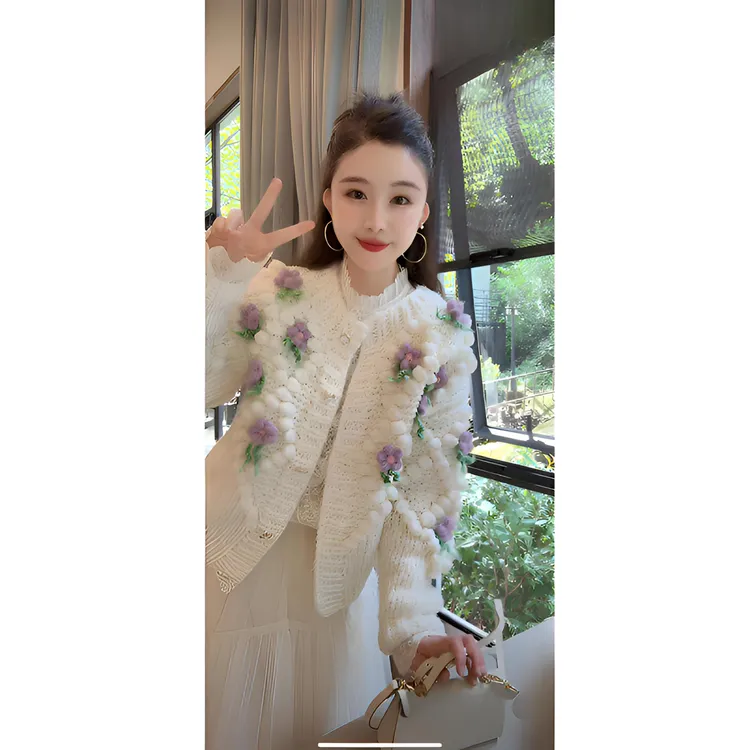 洋洋优选-秋冬新款立体球球花朵单排扣手打粗棒针毛衣外套YY71905