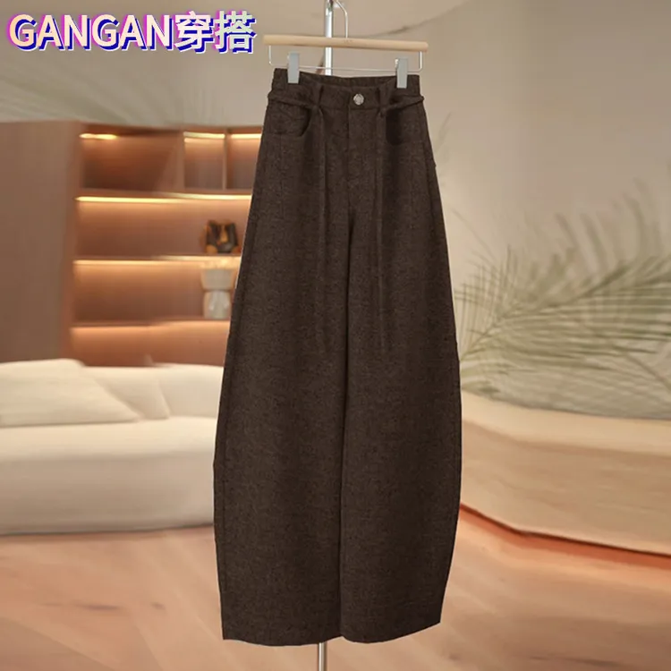 乌木棕羊毛阔腿弯刀裤女2025秋冬季大码新款加厚毛呢休闲香蕉裤子