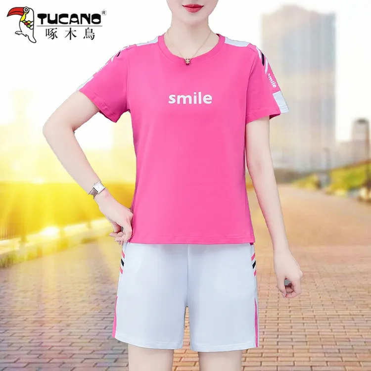 啄木鸟时尚休闲运动服套装女2025夏季薄款宽松显瘦短袖短裤两件套
