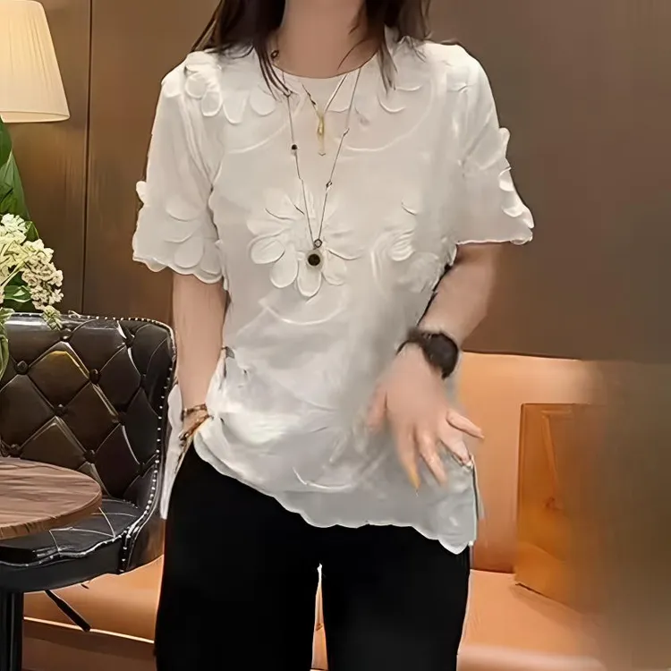 定制款刺绣上衣女遮肉显瘦裤子减龄套装短袖气质洋气时尚休闲百搭