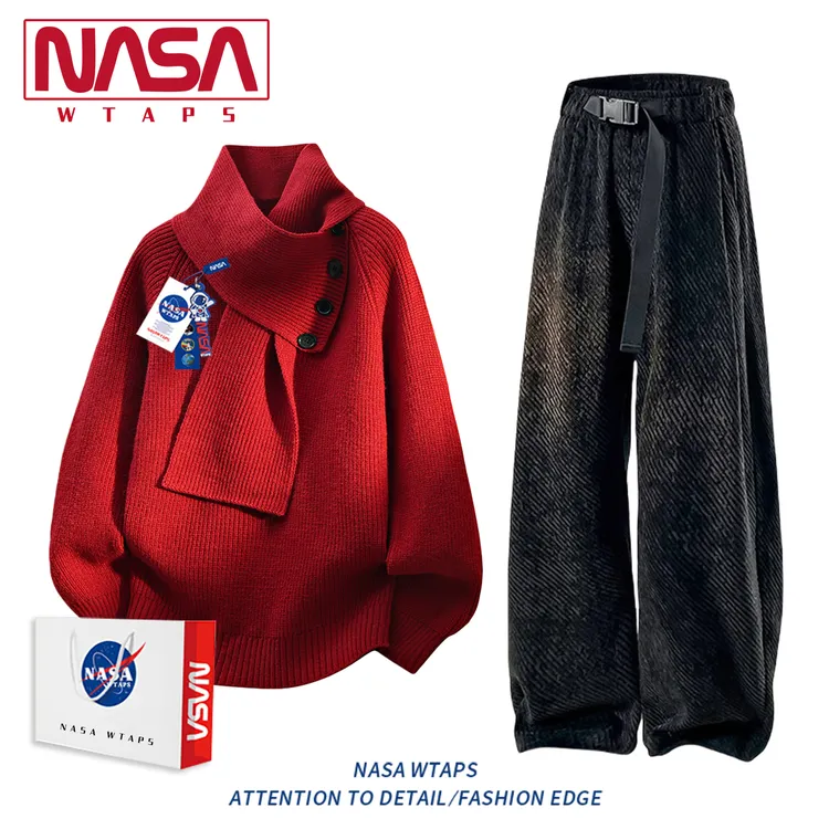 NASA WTAPS美式街头复古风毛衣针织衫套装高级感新款休闲裤两件套