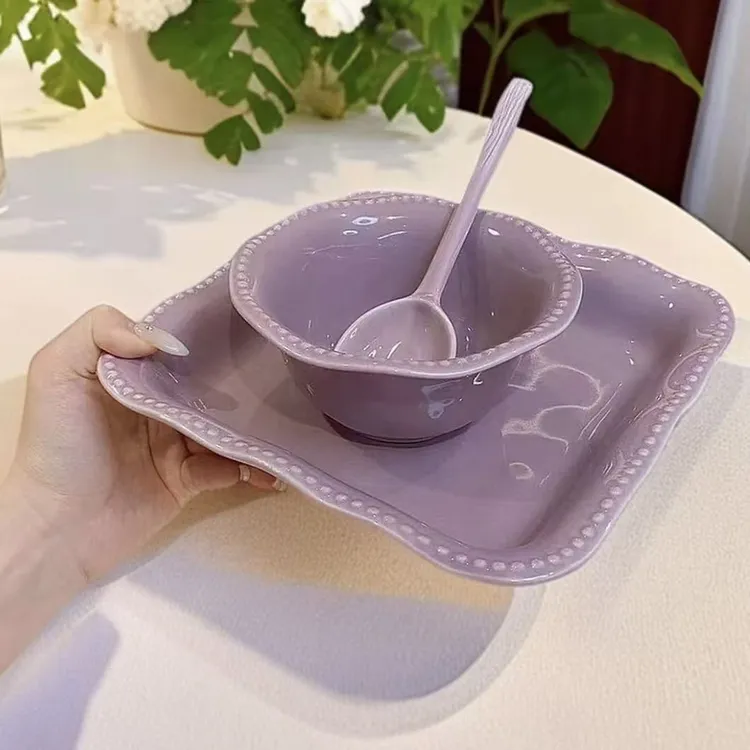 【a法式珠点方盘3件套】米饭碗盘子勺子组合陶瓷釉下彩高颜值餐具