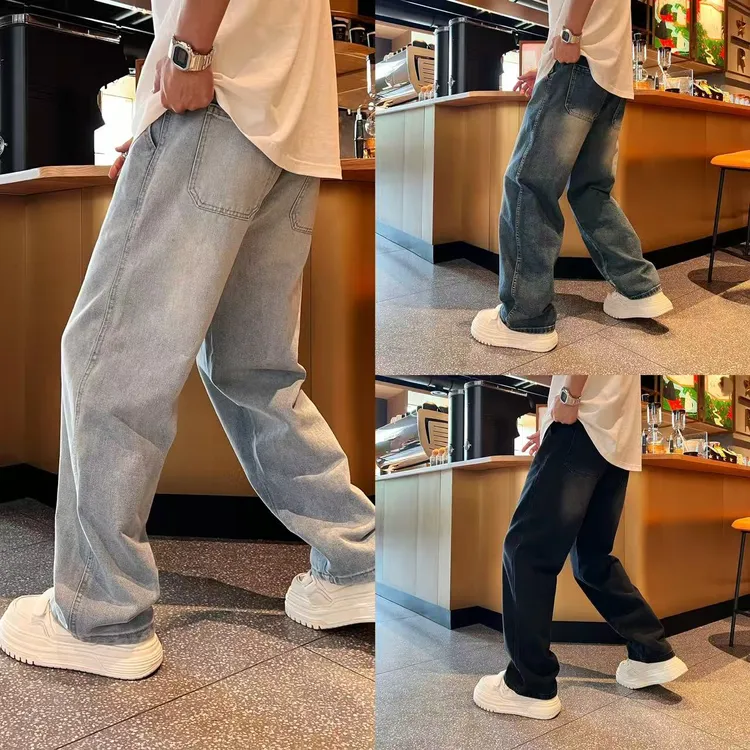 简约时尚水洗工艺港风街头复古潮流男士休闲百搭宽松直筒牛仔裤