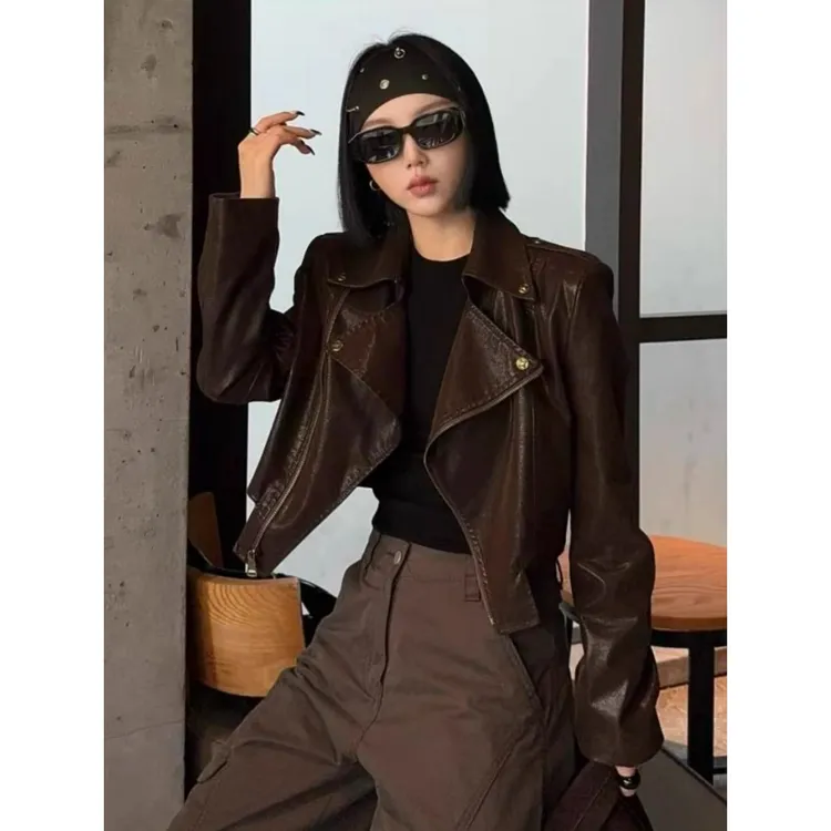 美拉德穿搭咖色皮衣外套女2025秋季新款小个子短款机车服夹克上衣