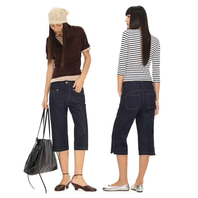 INTERRIS中低腰水洗原牛七分裤紧身牛仔短裤女