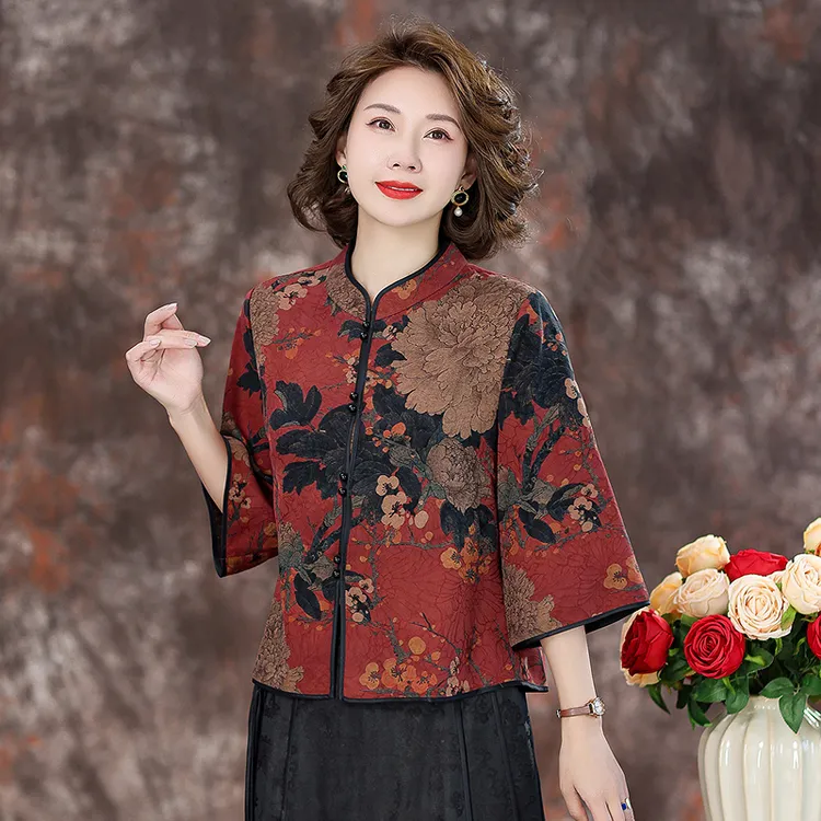 香云纱上衣女2024春夏新款新中式复古印花立领桑蚕丝真丝短外套