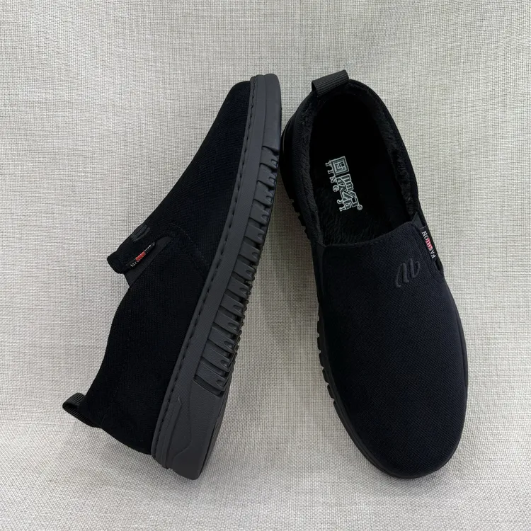 老北京冬季加绒宽版套筒低帮一脚蹬圆头保暖男士时尚休闲超轻布鞋