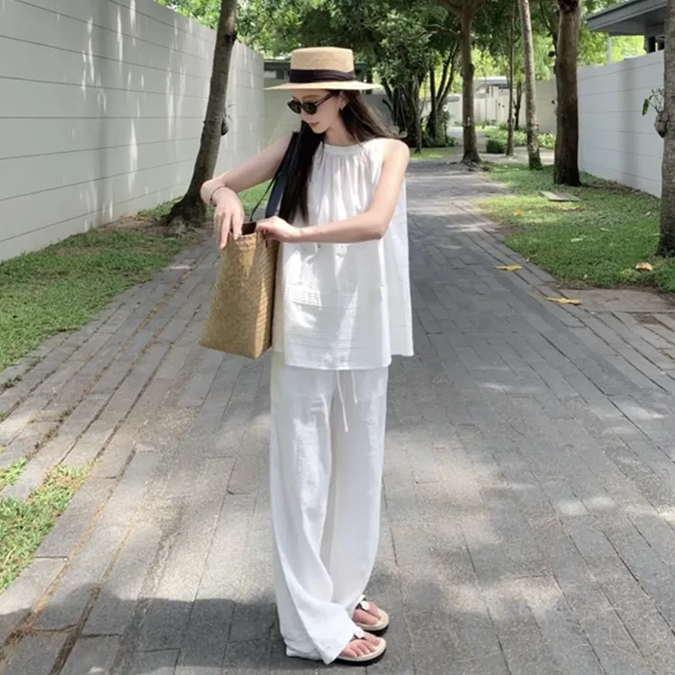 白色夏款搭配一整套女装时髦减龄慵懒风休闲无袖上衣阔腿裤两件套