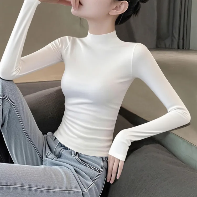 白色莫代尔半高领长袖打底衫女内搭秋冬加绒修身显瘦百搭t恤上衣