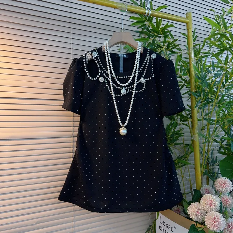 8088胖mm欧货时尚设计感亮晶晶洋气镂空订钻订钻掐褶显瘦百搭短袖