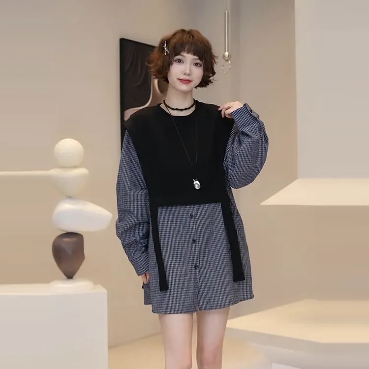 高级感假两件格子衬衫裙2025早春新款质韩版显瘦时尚休闲上衣女