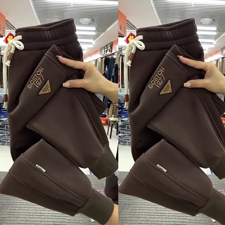欧货加绒裤子女秋冬宽松显瘦咖啡色束脚休闲运动保暖哈伦加厚卫裤