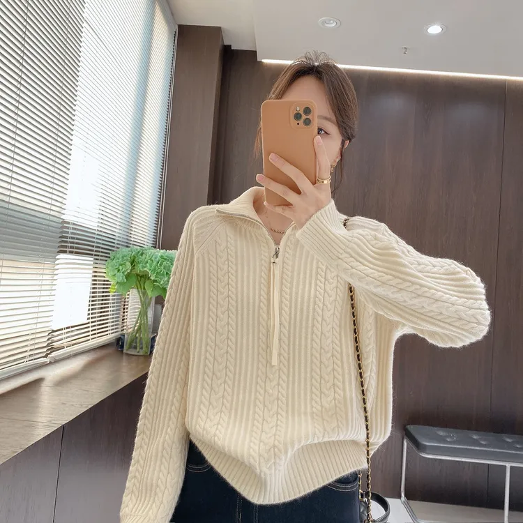 IMFLY金小金自制女装 针织衫DYW10229秋冬半开领气质麻花毛衣