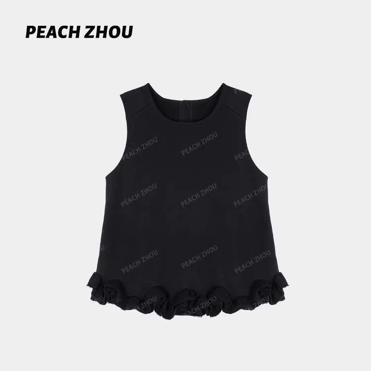『PEACHZHOU』木耳花边下摆宽松圆领毛圈背心休闲气质洋气无袖上衣