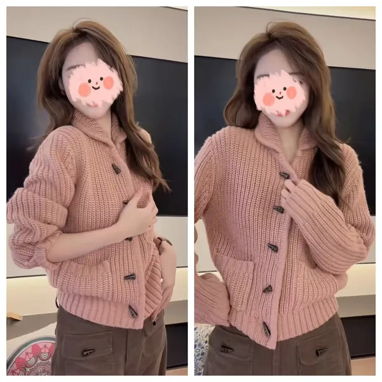 时尚设计感牛角扣毛衣洋气减龄长袖针织衫口袋纽扣垂感休闲长裤