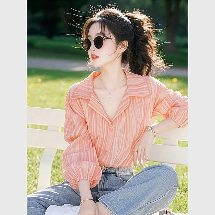 条纹长袖衬衫春装女款2025年新款爆款小衫高级感独特漂亮开春上衣