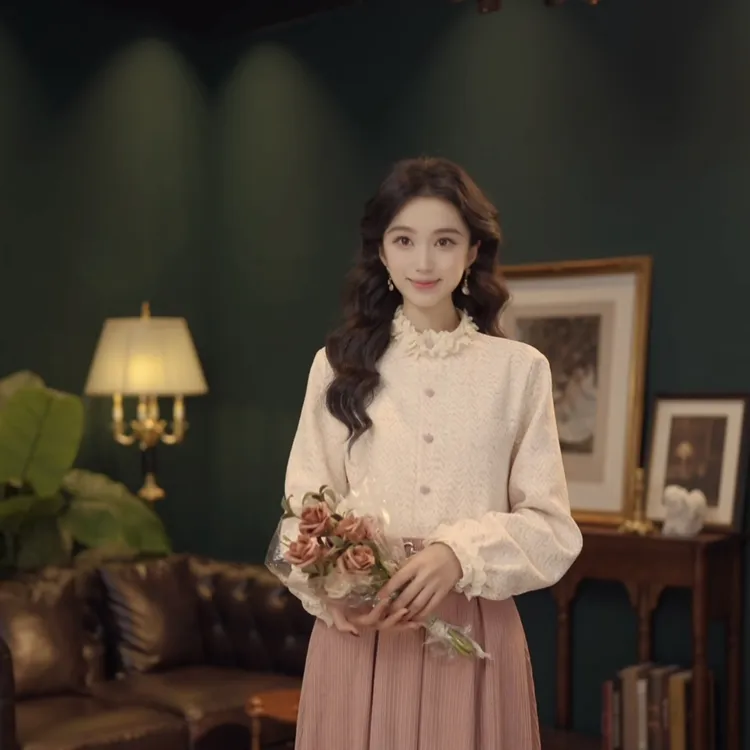 琦琦【暖花甜茶​​】复古港风秋冬厚款休闲百搭衬衫上衣 YL5273273