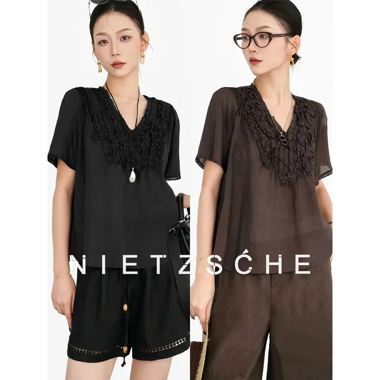 Nietzsche|木耳边娃娃衫|天丝麻 重磅对丝工艺!褶皱雪纺衫90078