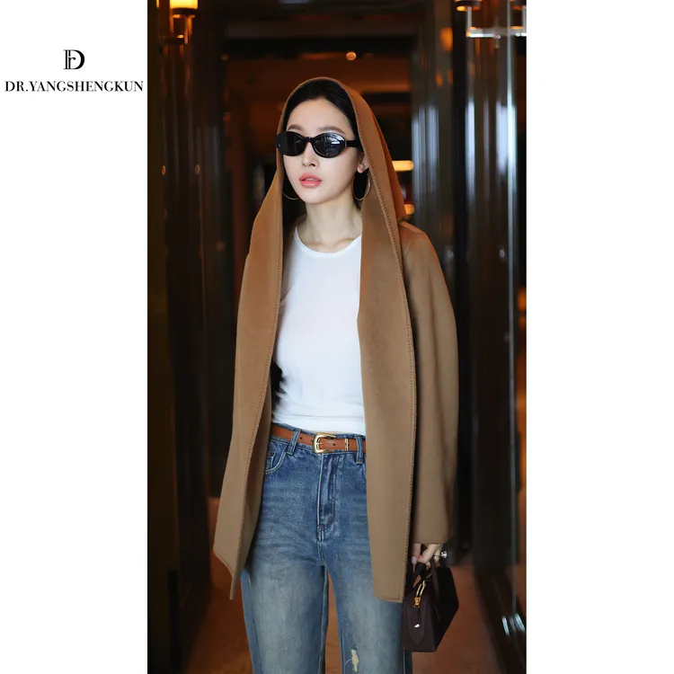 杨圣坤2025秋季新品100%山羊绒连帽双面呢大衣短外套女TR2581492
