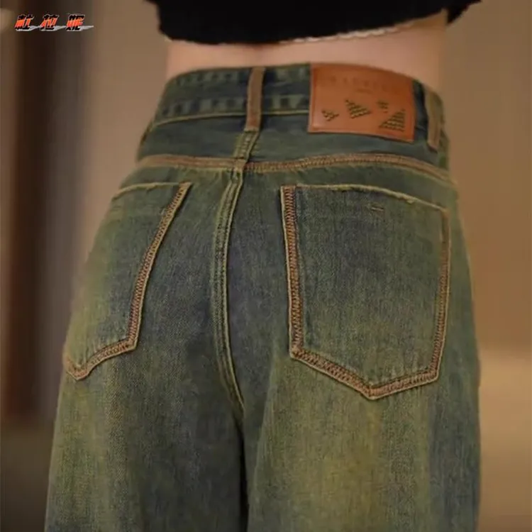 杜拉妮大码高腰直筒牛仔裤女士初秋新款做旧宽松复古显高阔腿裤