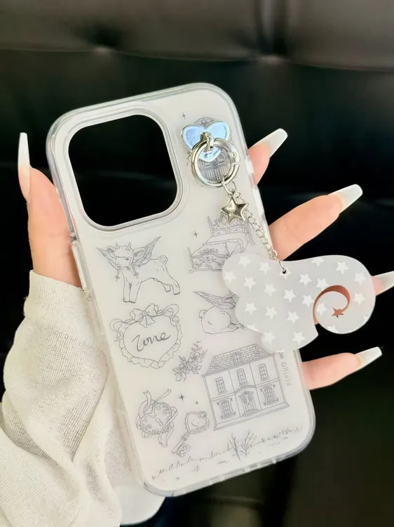 磨砂双层IMD圆边法式素描线条房屋小羊适用苹果16promax/15