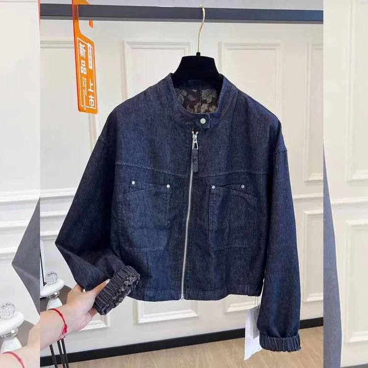 春秋季新品时尚复古设计感大码牛仔短外套宽松立领拉链高级感上衣
