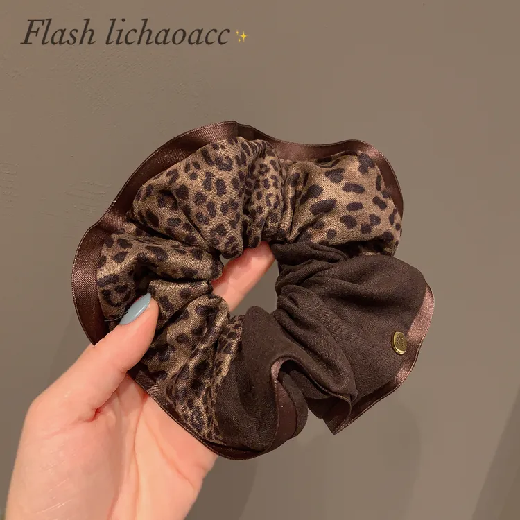 复古气质豹纹拼接布艺发圈棕咖色品质肠圈头饰秋冬新款发绳头绳女